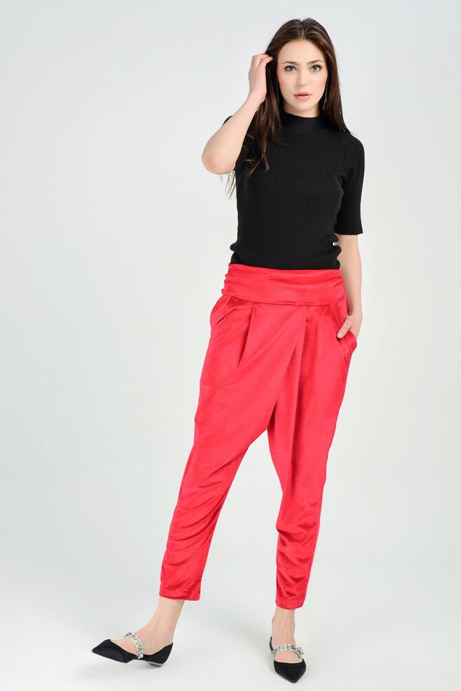 SENSE Pantaloni Roșii Din Catifea Cu Talie Înaltă Îmbrăcăminte cu ridicata Casual