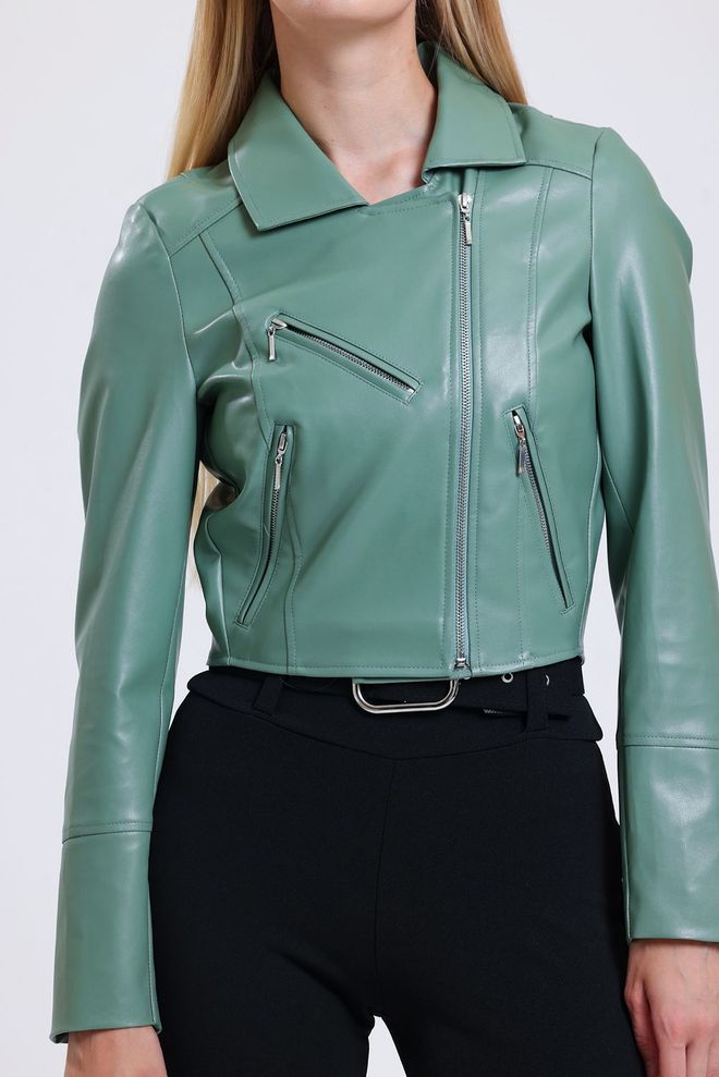 SENSE Mold Green Zipper Detailed Faux Leather Biker Jacket Wholesale Clothing Fall
