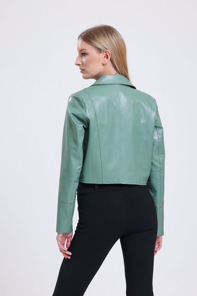 SENSE Mold Green Zipper Detailed Faux Leather Biker Jacket Wholesale Clothing 4