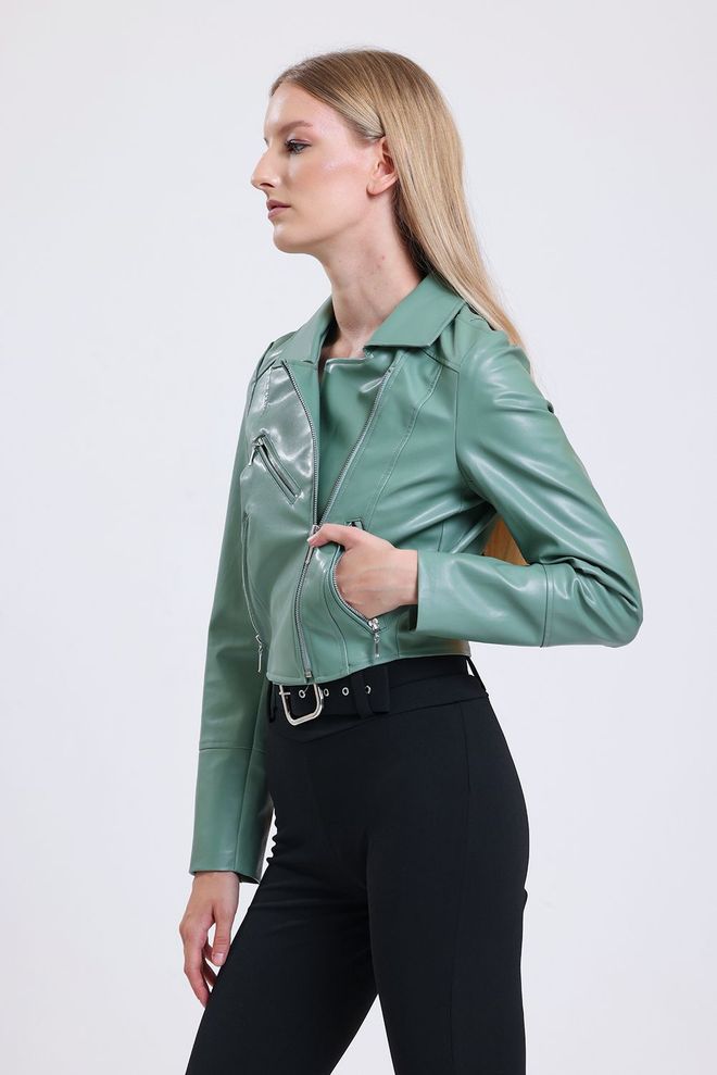 SENSE Mold Green Zipper Detailed Faux Leather Biker Jacket Wholesale Clothing Polyester