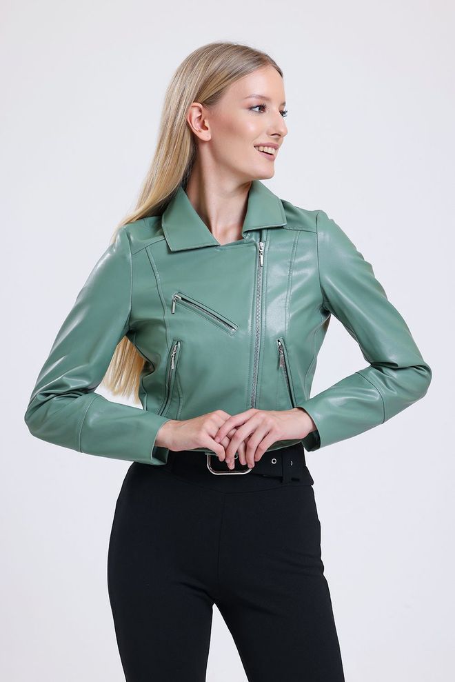 SENSE Mold Green Zipper Detailed Faux Leather Biker Jacket Wholesale Clothing 2