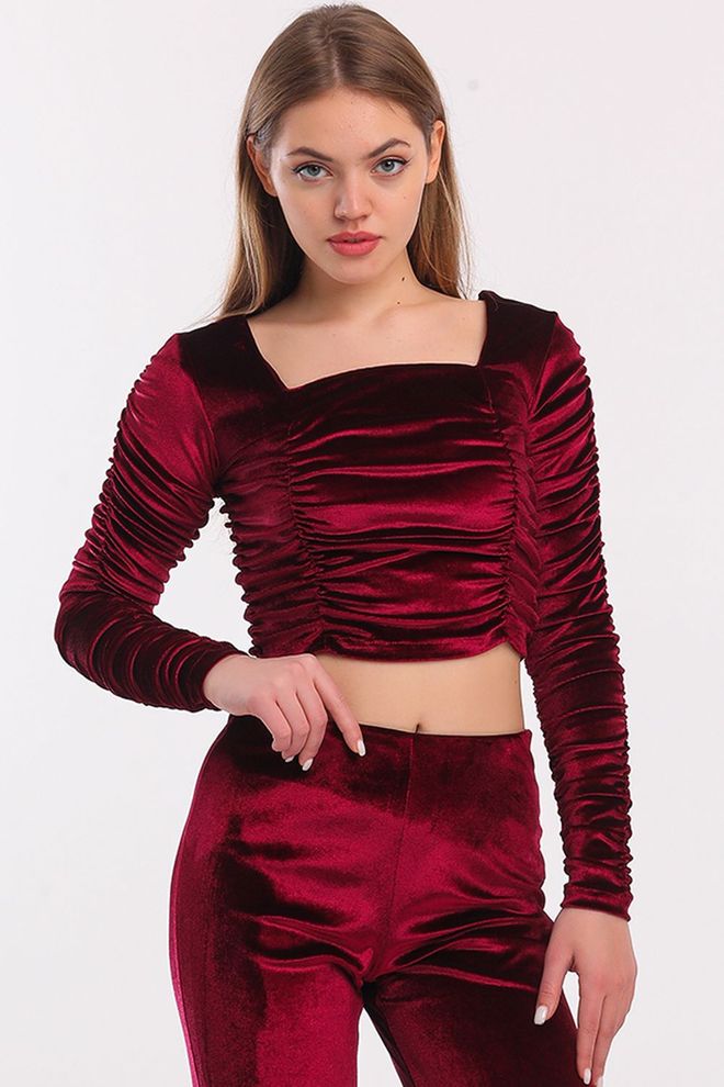 SENSE Burgundy Gathered Velvet Evening Dress Bustier Wholesale Clothing Formal