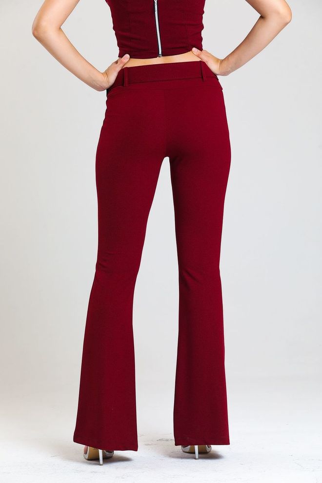 SENSE Burgundy Waist Belted Scuba Crepe Evening Dress Trousers With Stones Wholesale Clothing Summer
