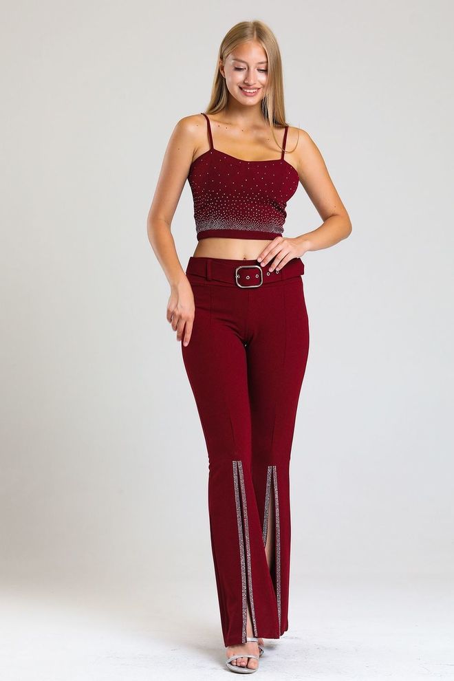 SENSE Burgundy Waist Belted Scuba Crepe Evening Dress Trousers With Stones Wholesale Clothing Elegant