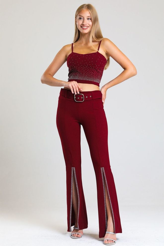 SENSE Burgundy Waist Belted Scuba Crepe Evening Dress Trousers With Stones Wholesale Clothing Polyester