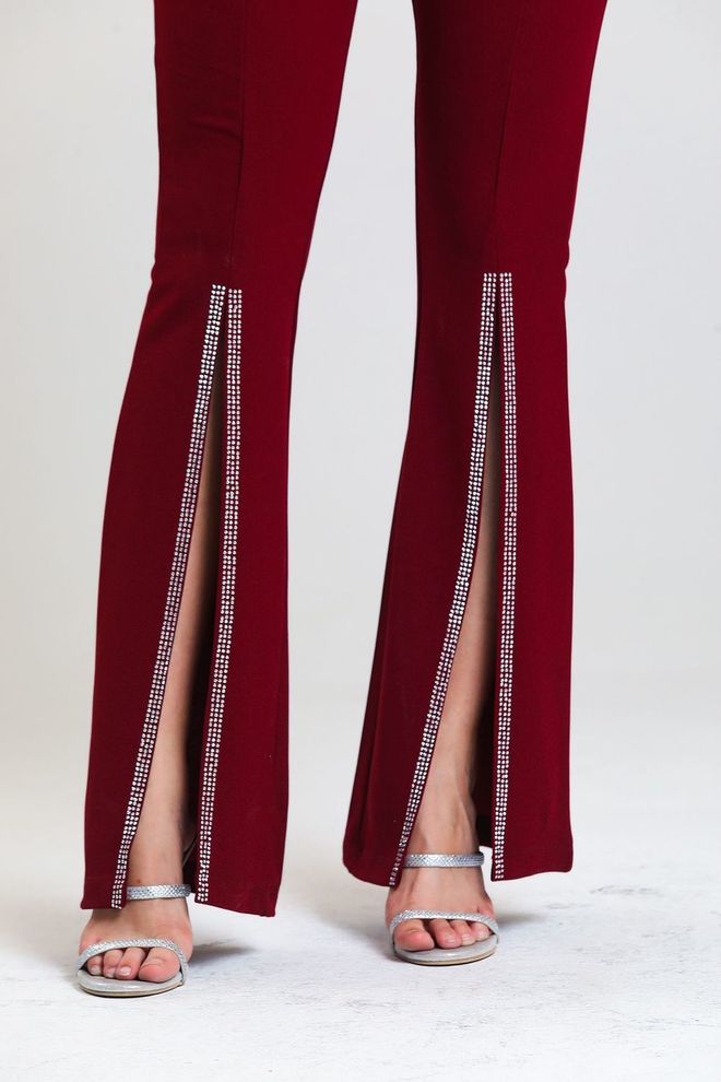SENSE Burgundy Waist Belted Scuba Crepe Evening Dress Trousers With Stones Wholesale Clothing Birthday
