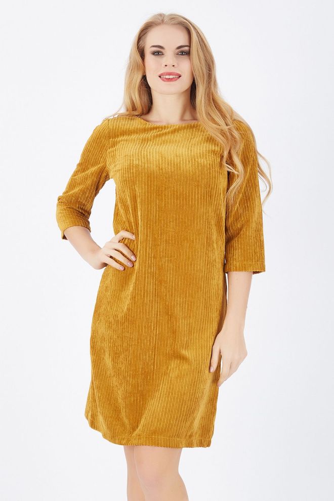 SENSE Senffarbenes Samtkleid Mit Reißverschluss Und Dreiviertelärmeln Großhandelskleidung Lässig