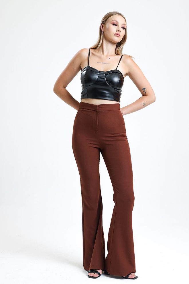 SENSE Brown Flared Zipper Pocket Hürrem Trousers Wholesale Clothing Spring