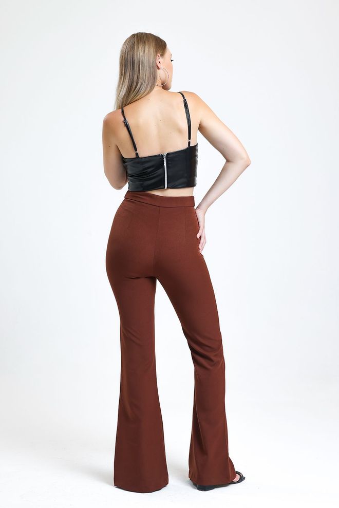 SENSE Brown Flared Zipper Pocket Hürrem Trousers Wholesale Clothing 4