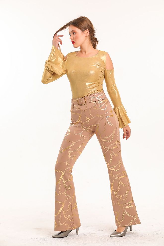 SENSE Mink Gold Flare Leg Printed Scuba Trousers Wholesale Clothing Spring