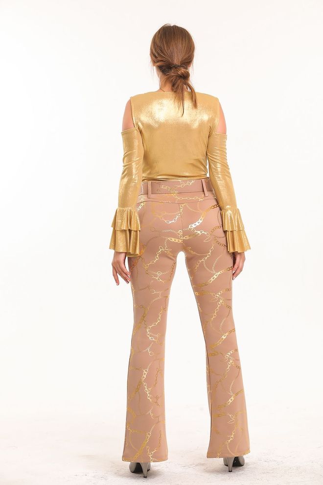 SENSE Mink Gold Flare Leg Printed Scuba Trousers Wholesale Clothing 4