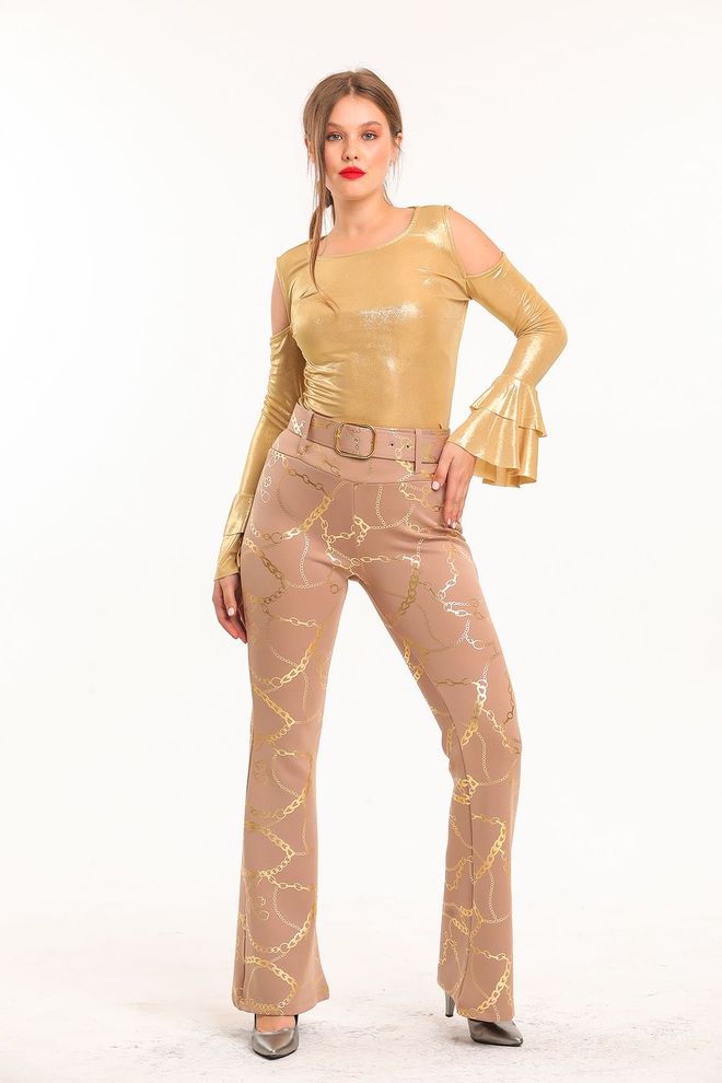 SENSE Mink gouden scubabroek met uitlopende pijpen en print Groothandel Kleding Casual