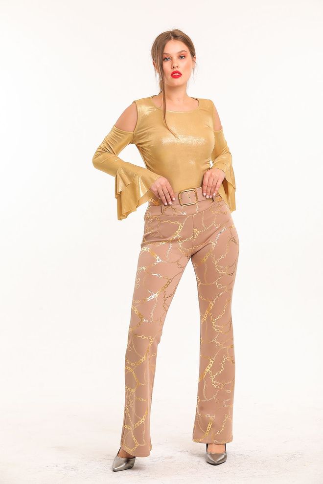 SENSE Mink Gold Flare Leg Printed Scuba Trousers Wholesale Clothing Polyester