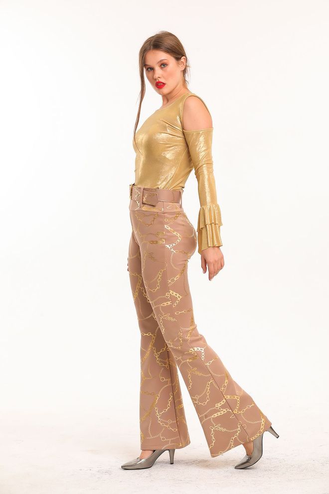 SENSE Mink Gold Flare Leg Printed Scuba Trousers Wholesale Clothing Work