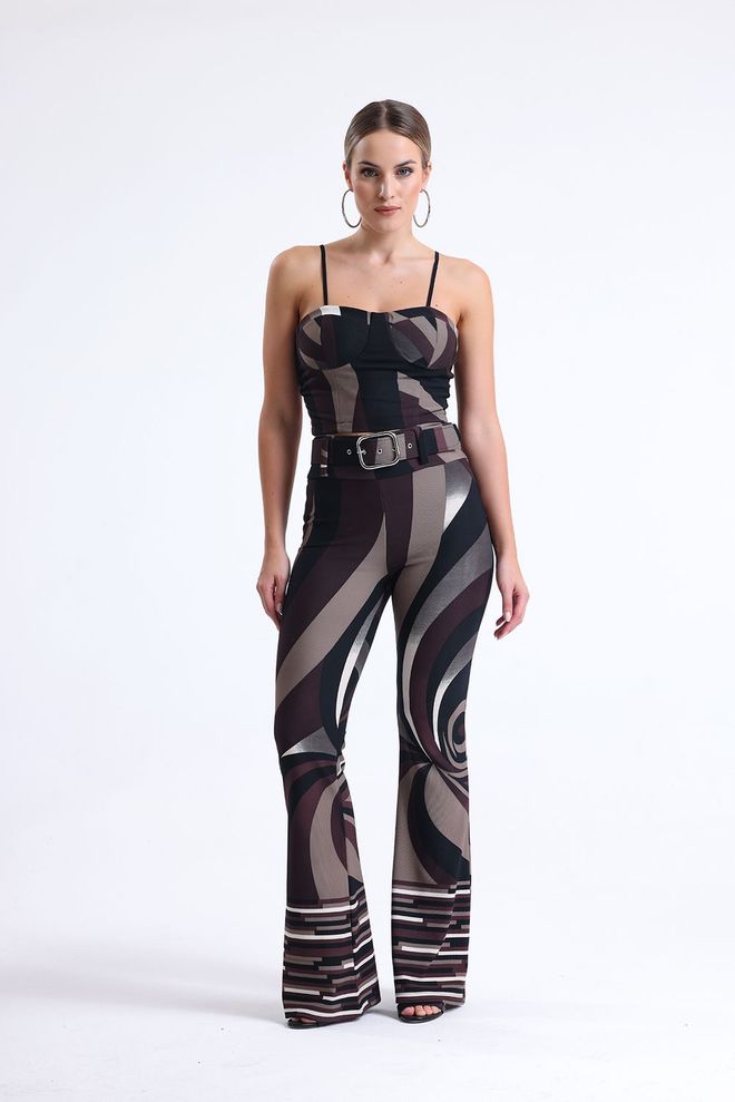 SENSE Rudos Smėlio Spalvos Juodos Raštuotos Osmanų Kelnės Su Diržu Didmeninė prekyba drabužiais Kokteilinė