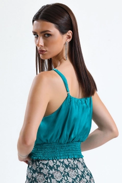 A wholesale clothing model wears sns10153-green-gimped-printed-satin-blouse, Turkish wholesale Bustier of SENSE