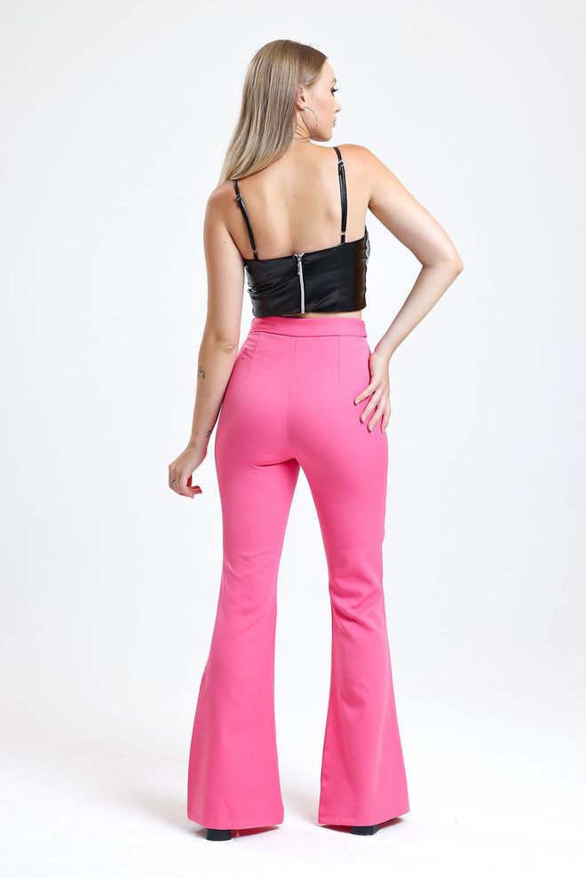 SENSE Candy Pink Flare Leg Zippered Pocket Hürrem Trousers Wholesale Clothing 4