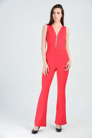 A wholesale clothing model wears  Red Sleeveless Diving Jumpsuit With Mesh Back And Agraffiti
, Turkish wholesale  of SENSE