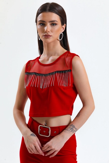 A wholesale clothing model wears  Red Stone Detailed Evening Blouse
, Turkish wholesale Blouse of SENSE