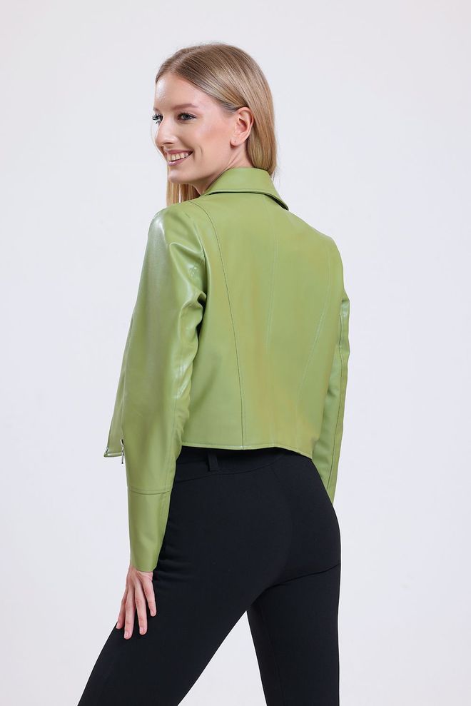 SENSE Olive Fermuar Detaylı Sunı Deri Motorcu Montu Toptan Giyim 4