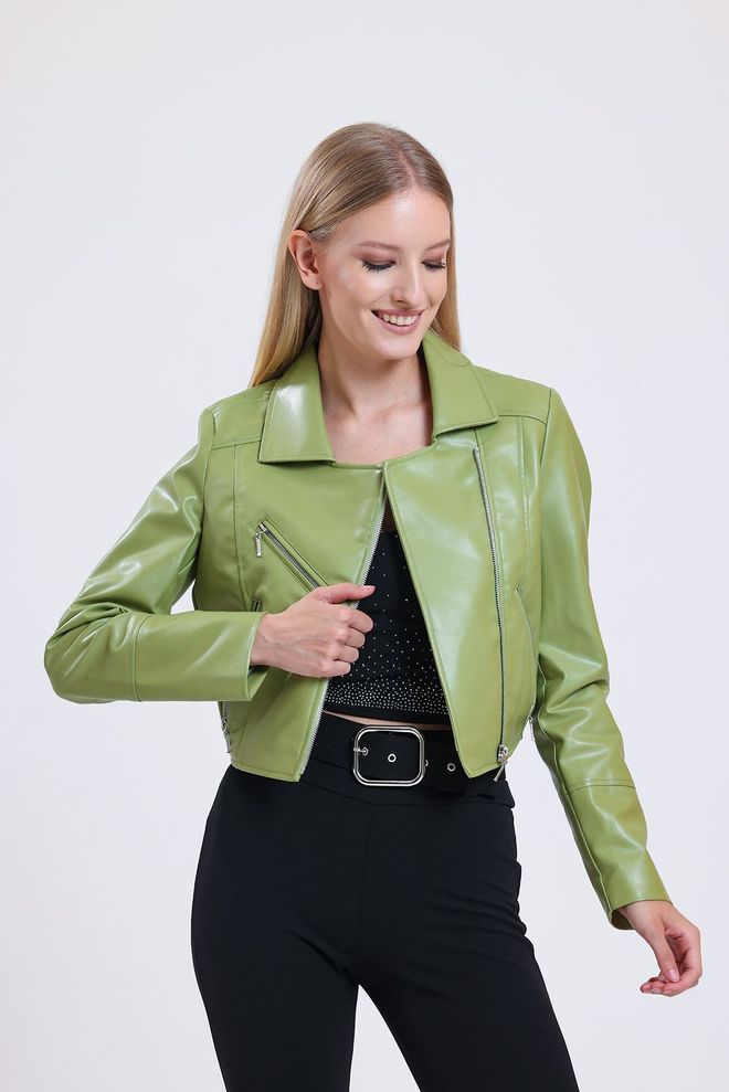 SENSE Olivgrüne Bikerjacke Aus Kunstleder Mit Reißverschluss Und Detailliertem Reißverschluss Großhandelskleidung Lässig