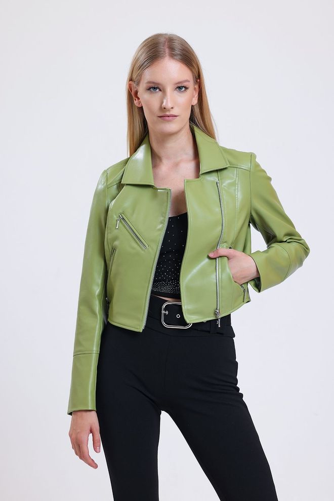 SENSE Olive Fermuar Detaylı Sunı Deri Motorcu Montu Toptan Giyim Polyester