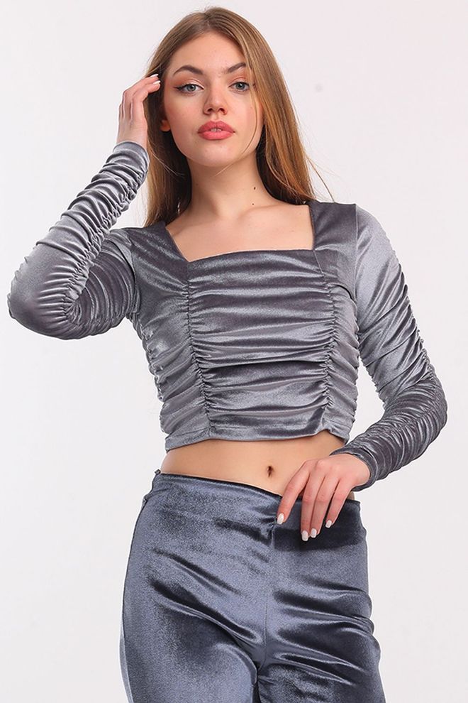 SENSE Gray Gathered Velvet Evening Dress Bustier Wholesale Clothing Formal