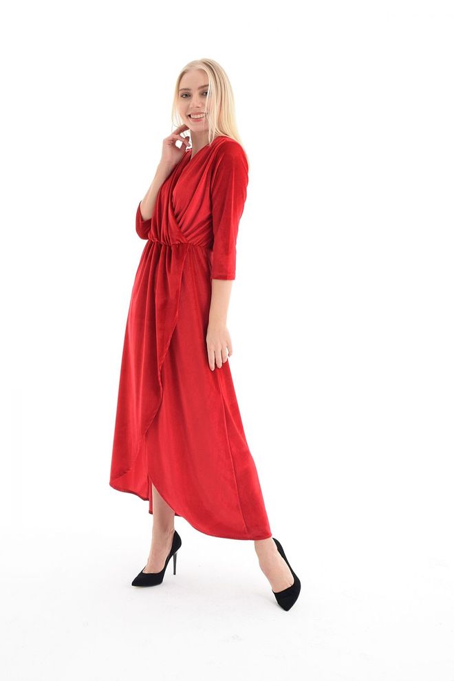 SENSE Red Double Breasted Neckline Skirt Piece Velvet Evening Dress Wholesale Clothing Formal