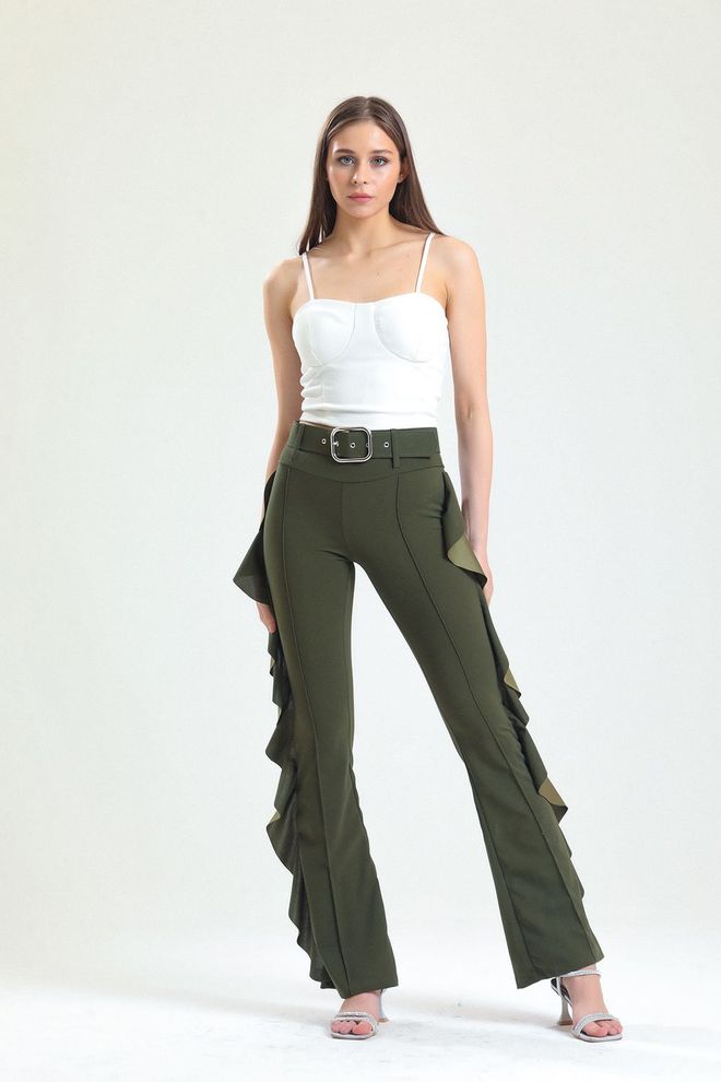 SENSE Khaki žltá pracka na bočnom opasku potápačské krepové nohavice_Pnt32717 Veľkoobchod s oblečením Narodeniny