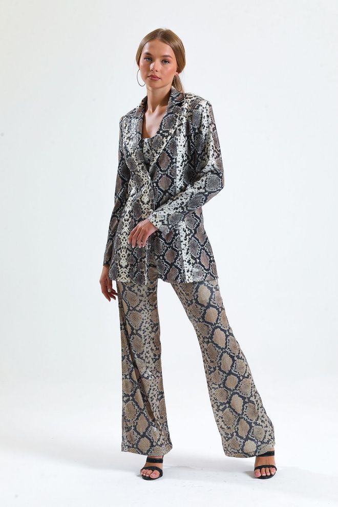 SENSE Beige Black Snake Des. Lined Leopard Patterned Evening Dress Sequin Jacket Wholesale Clothing 4