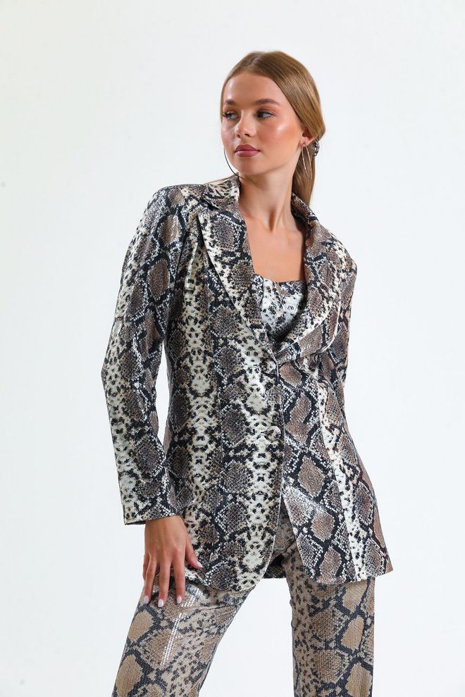 SENSE Beige Black Snake Des. Lined Leopard Patterned Evening Dress Sequin Jacket Wholesale Clothing Vintage