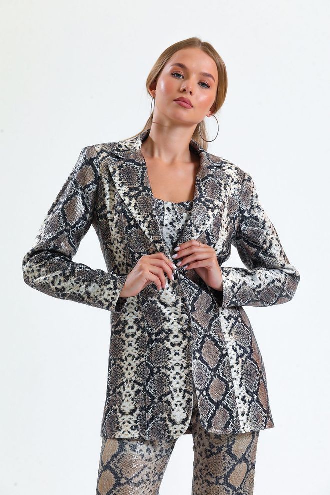 SENSE Beige Black Snake Des. Lined Leopard Patterned Evening Dress Sequin Jacket Wholesale Clothing No Fabric