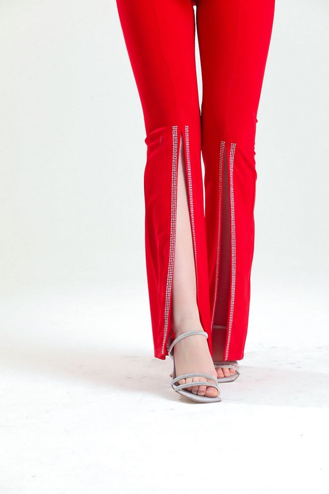 SENSE Red Waist Belted Scuba Crepe Evening Dress Trousers With Stones Wholesale Clothing Summer