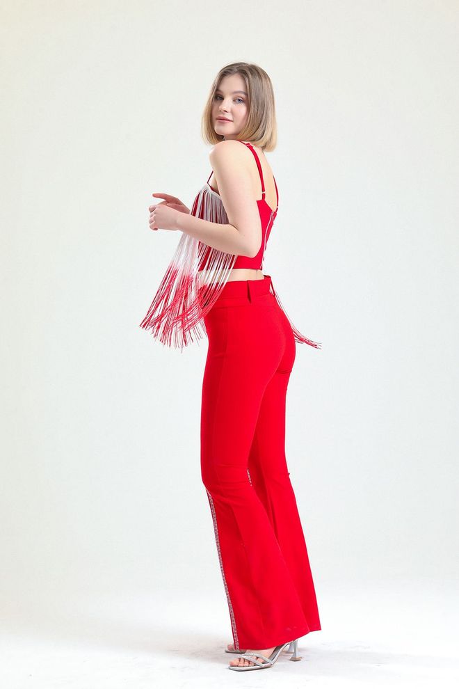 SENSE Red Waist Belted Scuba Crepe Evening Dress Trousers With Stones Wholesale Clothing 4