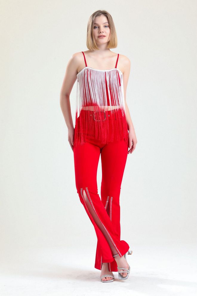 SENSE Red Waist Belted Scuba Crepe Evening Dress Trousers With Stones Wholesale Clothing Polyester