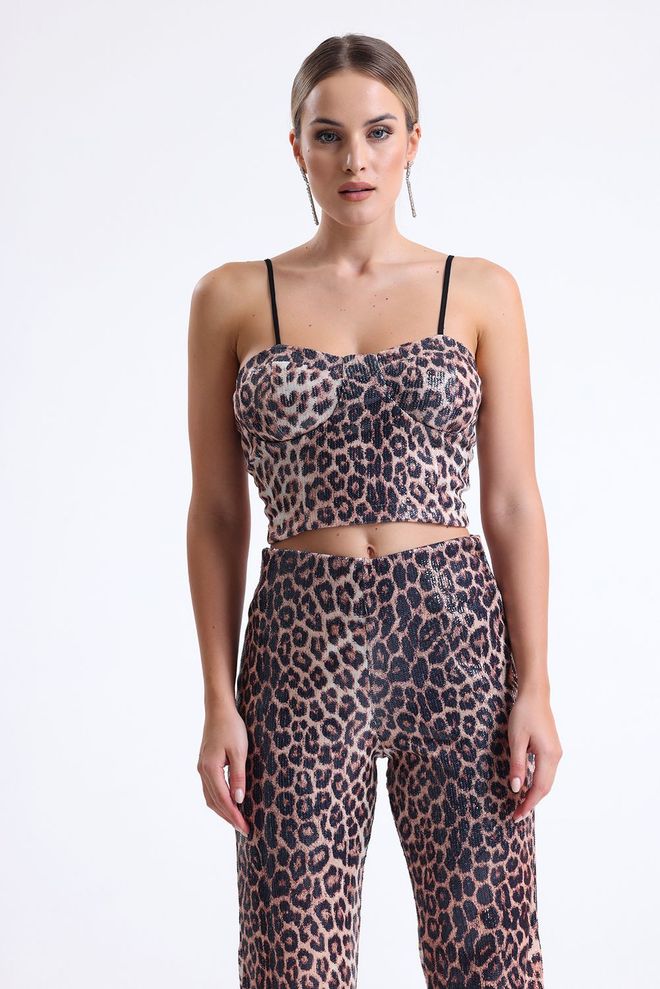 SENSE Black Brown Leopard Gloped Zippered Sequin Bustier Wholesale Clothing Polyester