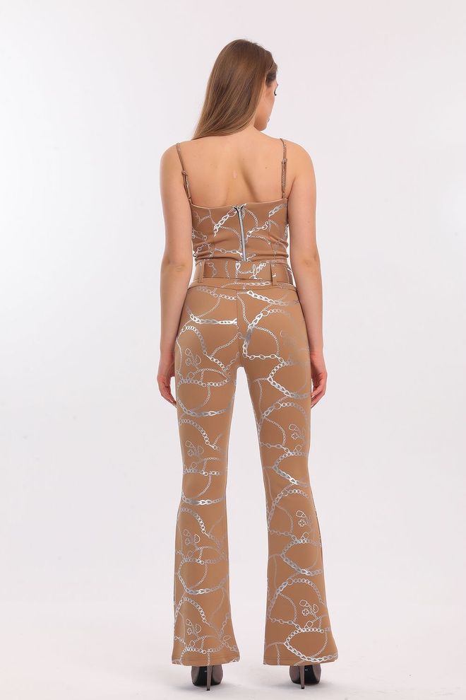 SENSE Mink Silver Flare Leg Printed Scuba Trousers Wholesale Clothing Spring