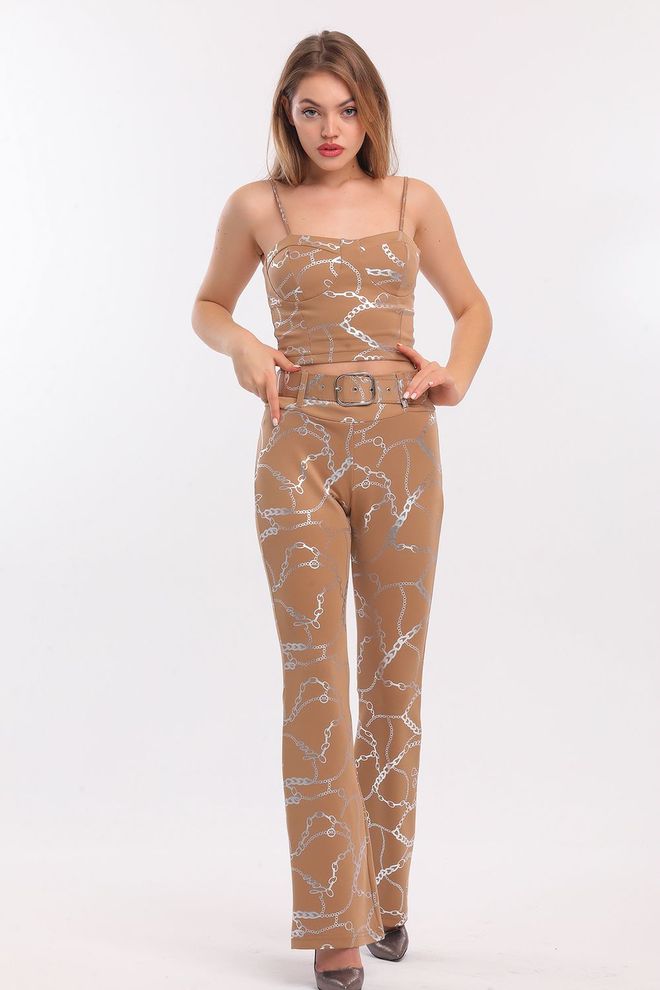 SENSE Mink Silver Flare Leg Printed Scuba Trousers Wholesale Clothing Casual