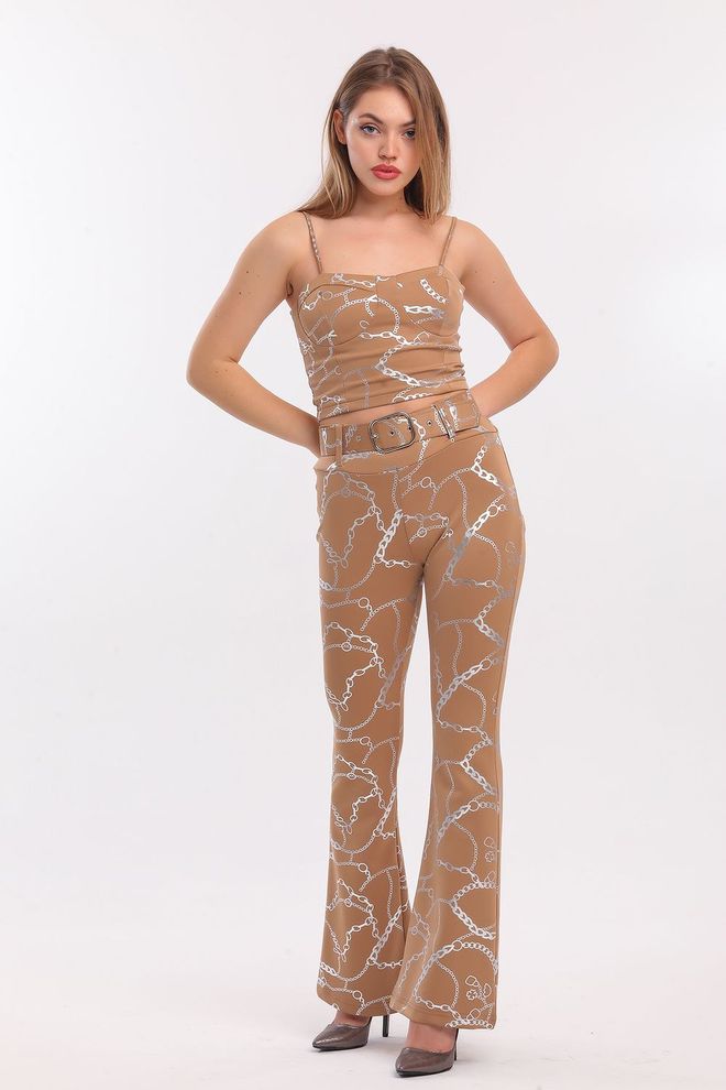 SENSE Mink Silver Flare Leg Printed Scuba Trousers Wholesale Clothing Work