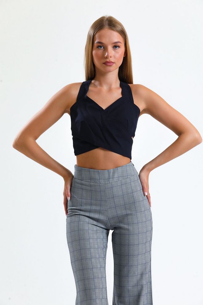 SENSE Marineblaue Tief Ausgeschnittene Kreppbluse Mit Reißverschluss Hinten Großhandelskleidung Frühling