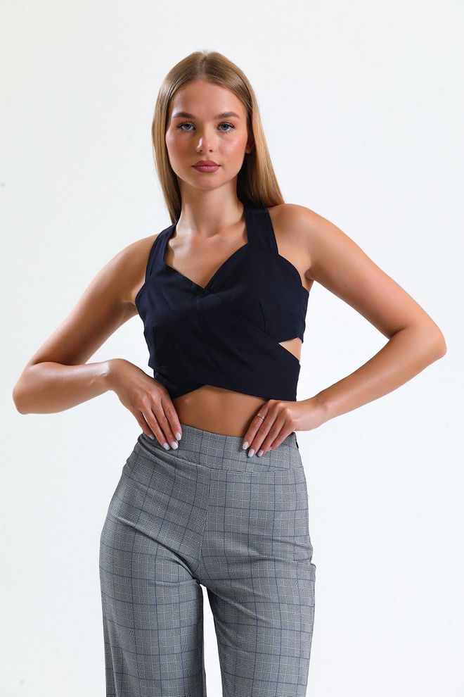 SENSE Marineblaue Tief Ausgeschnittene Kreppbluse Mit Reißverschluss Hinten Großhandelskleidung Lounge