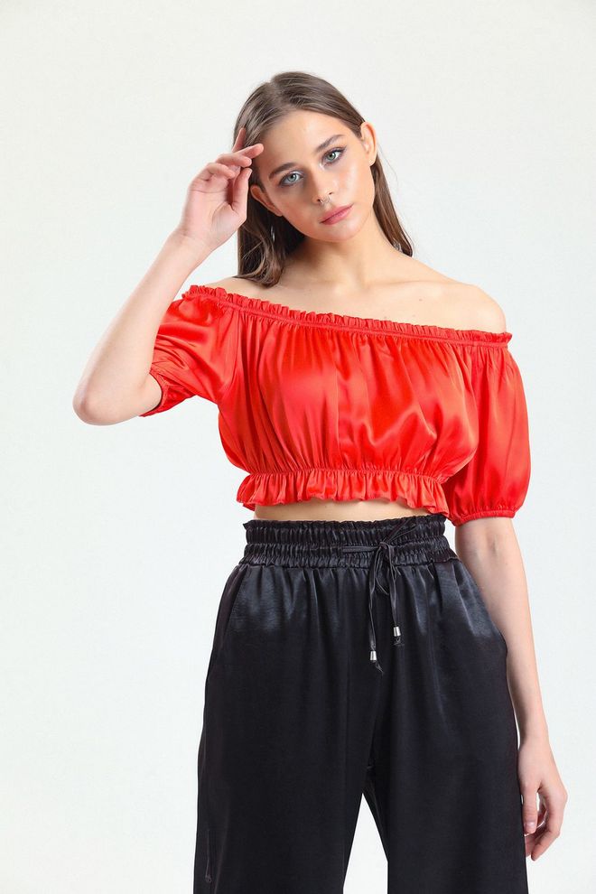 SENSE Blouse En Satin Froncée Élastique À Col Et Jupe Orange Avec Poignets Élastiques Vêtements en gros Décontracté