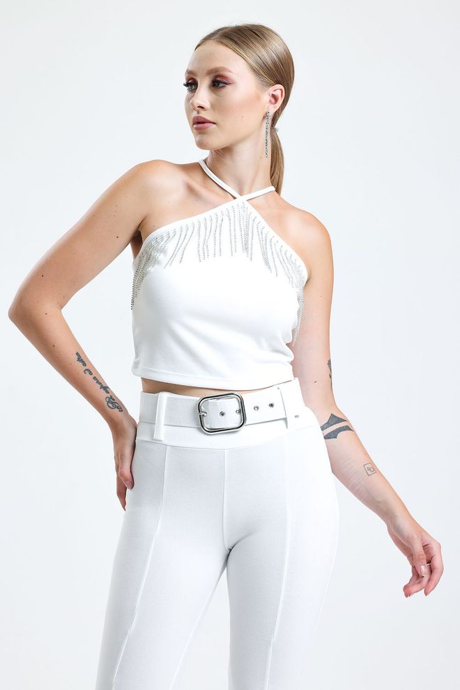 SENSE Scuba Crepe Blouse With White Chest Stone Chain Stripe Wholesale Clothing Formal