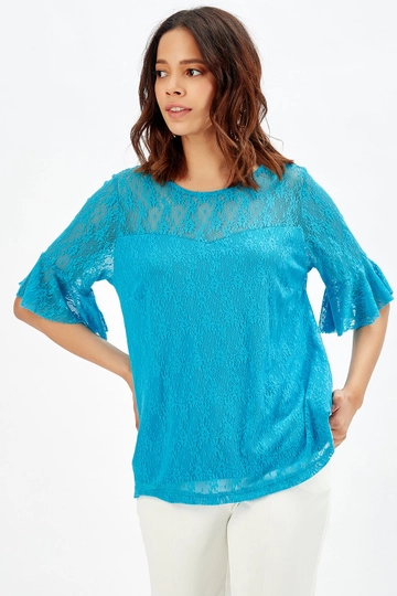 A wholesale clothing model wears  Turquoise Sleeves Flounce Lace Blouse
, Turkish wholesale Blouse of SENSE