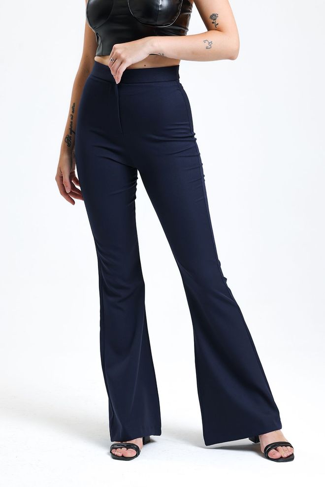 SENSE Navy Blue Flare Leg Zippered Pocket Hürrem Trousers Wholesale Clothing Spring