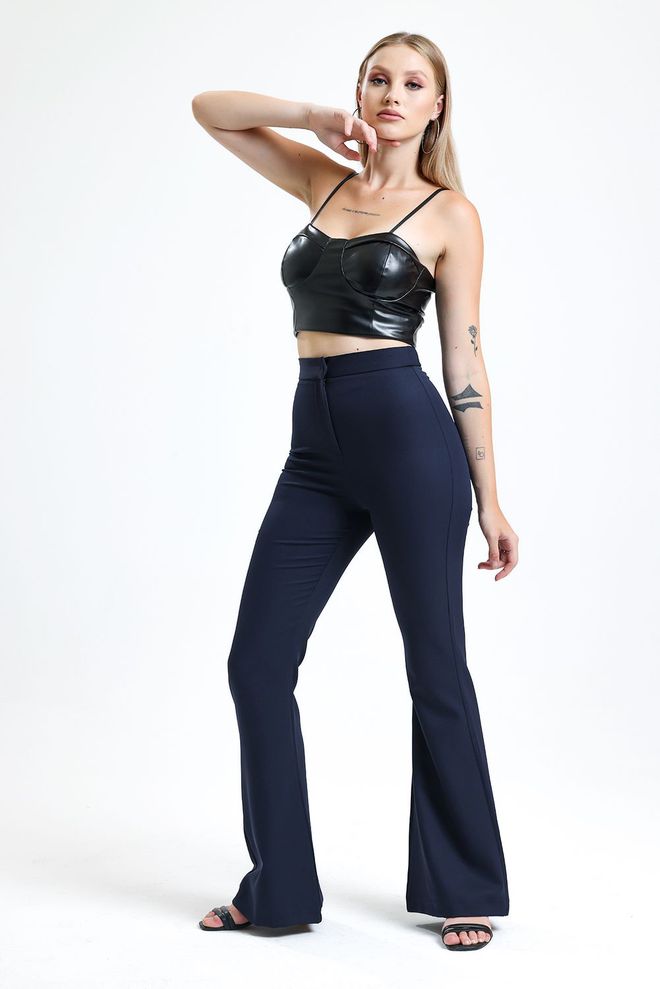 SENSE Navy Blue Flare Leg Zippered Pocket Hürrem Trousers Wholesale Clothing Casual