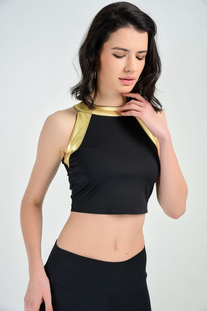 SENSE Blusa Corpete Dourado Preto Decorado com Zíper nas Costas Roupas por atacado Poliéster