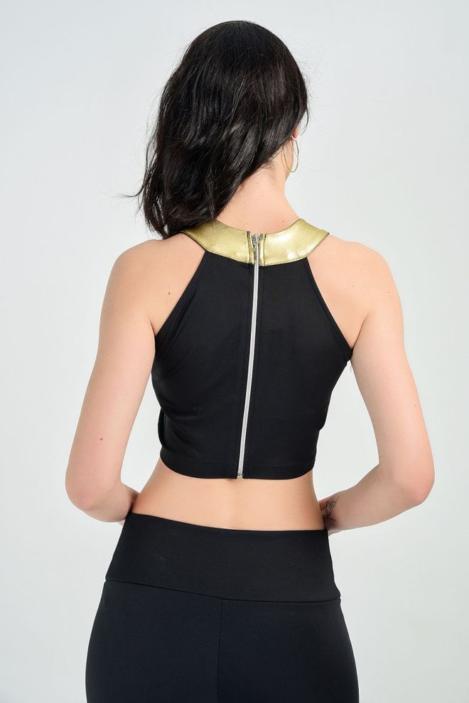 SENSE Blusa Corpete Dourado Preto Decorado com Zíper nas Costas Roupas por atacado A relaxar