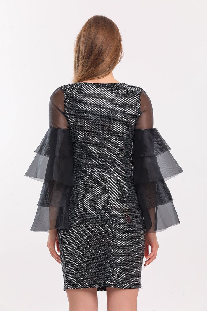 SENSE Silver Sleeves Organza Buzy Sequin Evening Dress Wholesale Clothing Glam