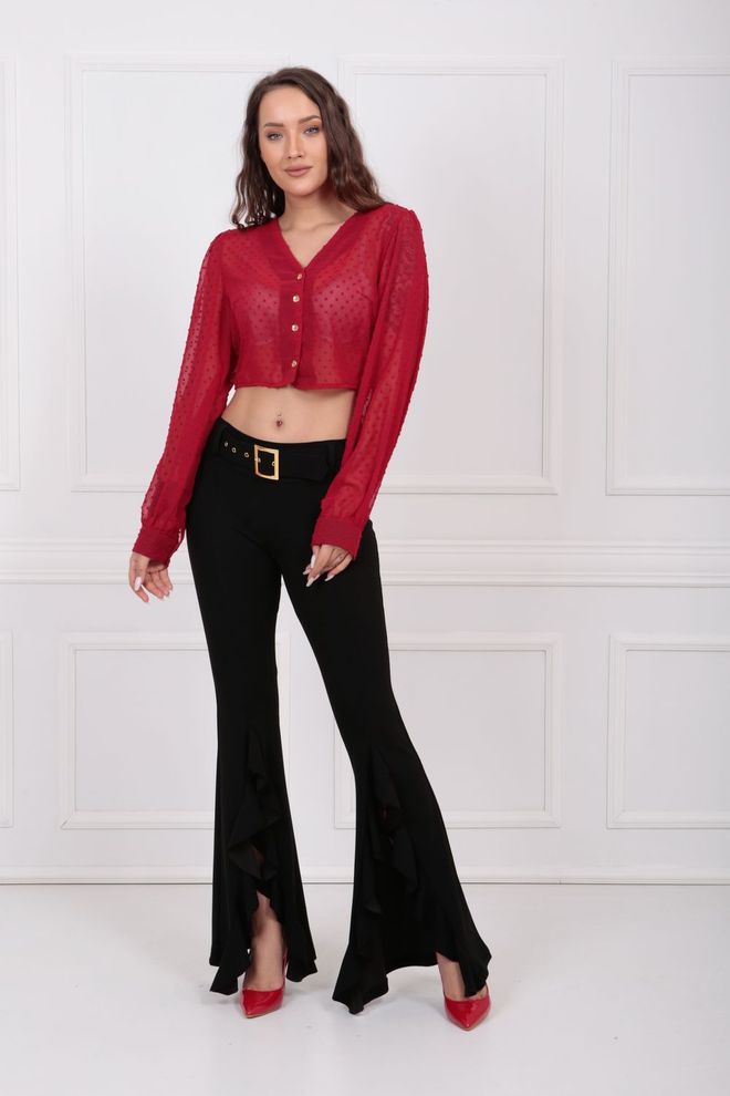 SENSE Black Belted Side Flounce Scuba Crepe Trousers_PNT33381 Wholesale Clothing Polyester